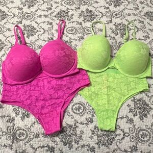 COPY - PINK Floral Lace Hot Pink & Neon Green Bra & Panty Sets